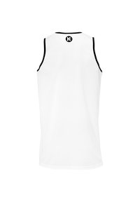 Witte mouwloze tanktop met zwarte bies en een centraal logo op de achterkant. De stof lijkt glad en lichtgewicht te zijn.