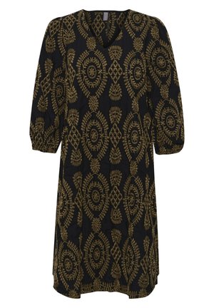 Schwarzes Kleid mit goldener Stickerei, das florale und geometrische Muster zeigt. V-Ausschnitt, Dreiviertelärmel und eine lockere Passform.