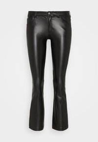 Pantalon évasé noir en simili cuir lisse, doté d'une taille haute, de poches avant et de détails de coutures apparentes.