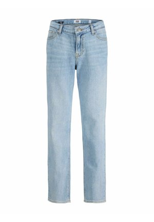 Lyseblå jeans med lige ben, frontknapper og lynlås, bæltestropper og fem-lommers design på hvid baggrund.