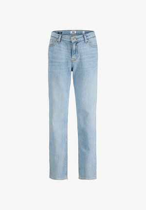 Jean bleu clair à jambes droites avec bouton et fermeture éclair à l'avant, passants de ceinture, et design cinq poches sur fond blanc.