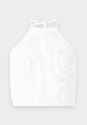 Fehér kötött nyakpántos felső, bordázott textúrával, állítható nyakkivágással és testhezálló fazonnal, amely a dereknál ér véget.