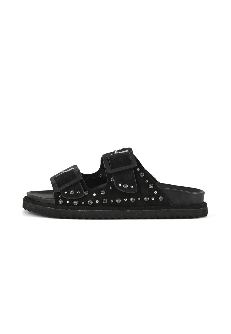 Black suede slide sandals featuring two adjustable straps, studded accents, and a textured rubber sole.