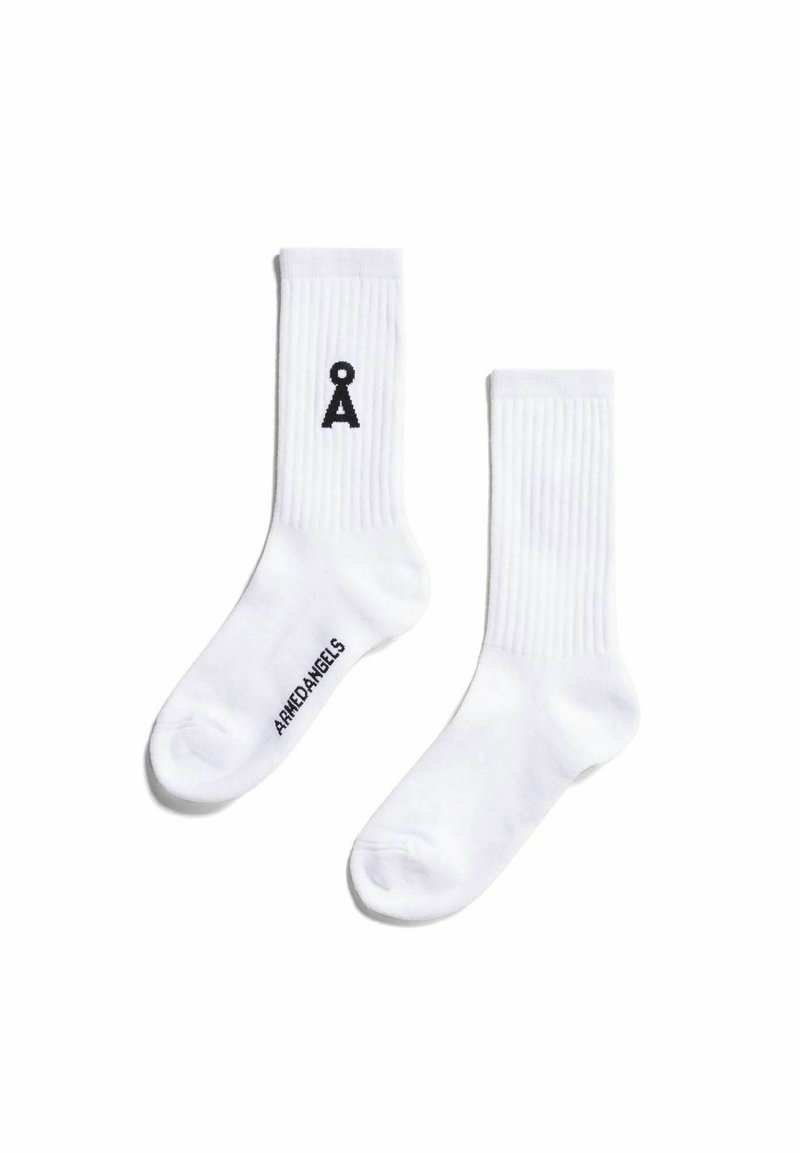 Weiße Baumwollsocken mit gerippter Textur, auf einer Seite mit einem schwarzen Logo und auf der Sohle mit dem Schriftzug "ARHEDANGELS" versehen. Maschinenwaschbar.