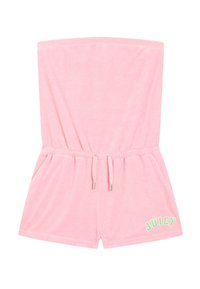 Combinaison courte en velours rose avec un haut sans bretelles, une ceinture élastique, un cordon de serrage et des poches. Présente le logo "JUICY" brodé en vert.
