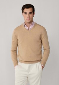 Maglione beige con scollo a V realizzato in materiale morbido, con maniche lunghe e design aderente, indossato sopra una camicia a righe e abbinato a pantaloni chiari.