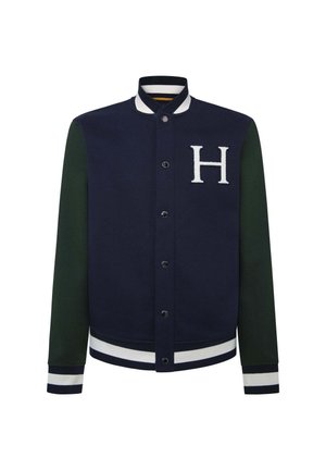 Navy and green varsity jacket with white striped collar and cuffs, featuring a large white "H" on the front and snap button closure.