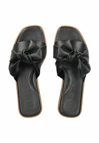 Schwarze Lederrutschsandalen mit einem geknoteten Riemendesign, quadratischer Zehenform und einer gepolsterten Innensohle sowie einer natürlichen, Holzähnlichen Sohle.