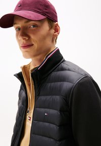 Black puffy vest with horizontal stitching and red, white, and blue striped collar. Worn over a beige sweatshirt. Burgundy cap.