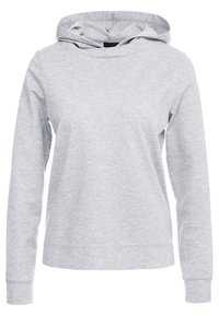 Light grey hoodie made of soft fabric, featuring a drawstring hood, long sleeves, and a relaxed fit with a simple, smooth texture.