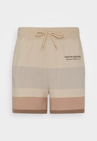 Beige shorts med horisontella ränder i ljusbrunt, krämfärgat och mörkare brunt. Elastisk midja med dragsko, med varumärkestext.