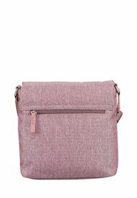 Pink fabric crossbody bag with a fold-over top, featuring a front zip pocket and adjustable strap. Smooth texture with heathered pattern.