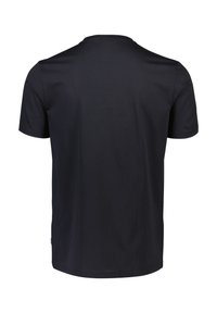 T-shirt nera in cotone con collo rotondo, maniche corte e orlo dritto. Il tessuto risulta liscio, senza motivi o decorazioni visibili.