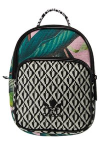 Wielokolorowy plecak z fakturowanym kwiatowym wzorem oraz wzorzystą czarną dolną komorą z logo, o zaokrąglonym kształcie i podwójnymi uchwytami.