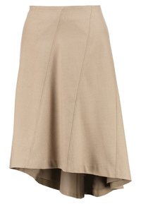 Jupe beige, longueur genoux avec un ourlet asymétrique. Fabriquée en tissu texturé avec des détails cousus et une taille ajustée.