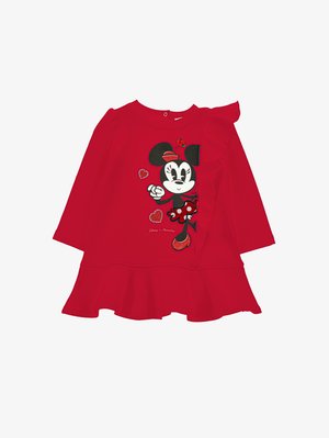 Punainen pitkähihainen mekko, jossa on rypytetty hihanpää, sisältää kimaltavan Minnie Mouse -kuvion, sydänkoristeita ja levenevän helman alhaalla.