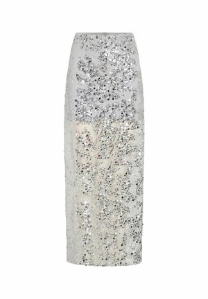 Zilveren pailletten pence-skirt met een transparante overlay en een stevige onderlaag, uitlopend tot halverwege de kuit.