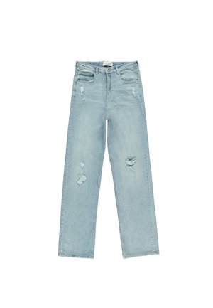 Lichtblauwe, high-waisted spijkerbroek met een rechte pijp. Bevat versleten delen met zichtbare scheuren en een vijf-pocket ontwerp.