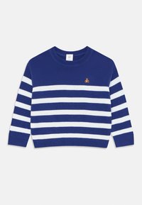 Maglione a righe blu e bianche con scollatura tonda, maniche lunghe e un piccolo emblema d'orso dorato sul petto. Realizzato in materiale lavorato a maglia.