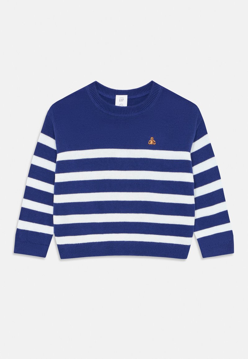 Pull à rayures bleu et blanc avec un col rond, des manches longues et un petit emblème en forme d'ours doré sur la poitrine. Confectionné en matière tricotée.