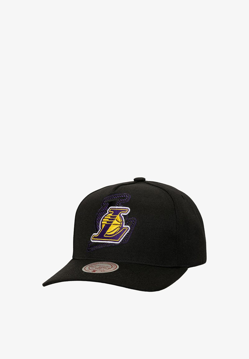 Black cap featuring a yellow and purple embroidered logo with a basketball. Flat brim design, made from textured fabric. Circular tag on brim.