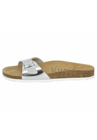 Silver slide sandal with a cork footbed, featuring a single strap and buckle detail. White rubber sole with textured traction.