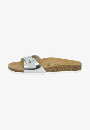 Silver slide sandal with a cork footbed, featuring a single strap and buckle detail. White rubber sole with textured traction.