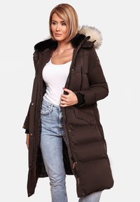 Brown padded coat with a faux fur hood, front zipper, and side pockets. Features a smooth, textured fabric and ribbed cuffs.