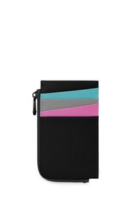 Black wallet with a zip, featuring multiple card slots in teal, gray, and pink. Smooth texture and diagonal color panels.