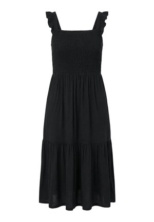 Sort ærmeløs midi-kjole med rynket firkantet udskæring, flæset skulderstropper og lagdelt nederdel.