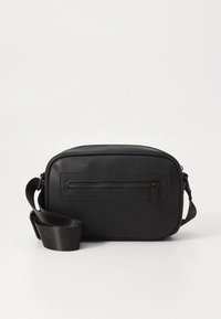 Black rectangular crossbody bag with front zip pocket and adjustable shoulder strap on a white background.
