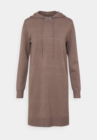 Abito in maglia marrone, con cappuccio, maniche lunghe e orlo a coste. Il materiale ha una texture liscia con coulisse al collo.