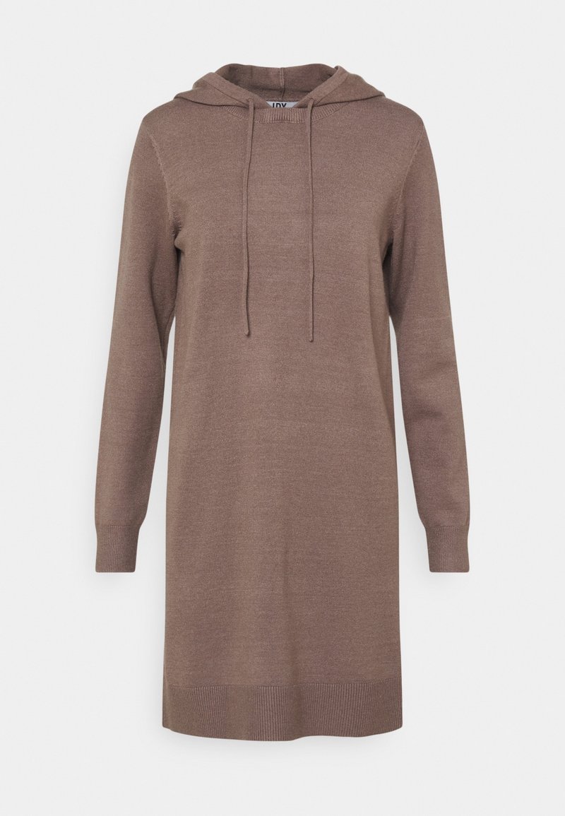 Abito in maglia marrone, con cappuccio, maniche lunghe e orlo a coste. Il materiale ha una texture liscia con coulisse al collo.