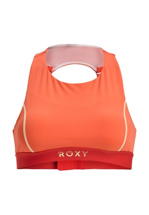 Sportbh i klar orange, med rund hals och öppen ryggdesign. Gyllene logotyp på röd band. Slät, elastisk tyg.