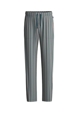Casual straight-leg pants with elastic waistband and vertical stripes in green, pink, and white, featuring front patch pockets and drawstring.