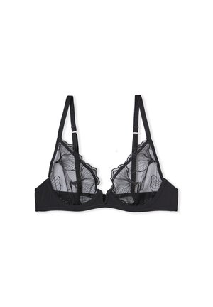 Black bra with sheer, embroidered lace cups featuring floral patterns, adjustable straps, and scalloped edges. Soft underband for comfort.