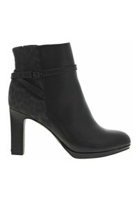 Botte de cheville noire avec un devant en cuir lisse et un dos en imprimé léopard texturé, dotée d'un talon fin et d'un détail de sangle ajustable.