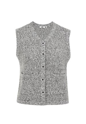 Gray knit vest with a V-neck, sleeveless design, five black buttons down the front, and two front pockets. Textured material throughout.