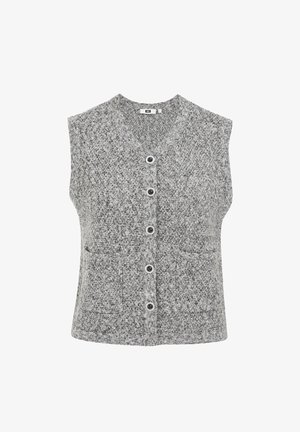 Gray knit vest with a V-neck, sleeveless design, five black buttons down the front, and two front pockets. Textured material throughout.