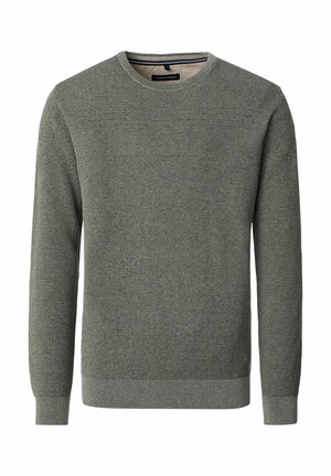 Herren Strickpullover mit langen Ärmeln in Olivgrün, mit strukturiertem Muster, Rundhalsausschnitt und gerippten Bündchen und Saum.