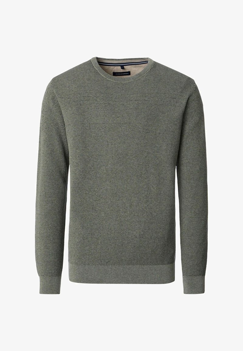 Herren Strickpullover mit langen Ärmeln in Olivgrün, mit strukturiertem Muster, Rundhalsausschnitt und gerippten Bündchen und Saum.