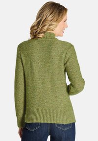 Grüner Strickpullover mit hohem Kragen, strukturiertem Muster und geripptem Saum. Die Ärmel sind lang und die Passform ist lässig.