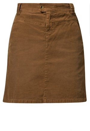 Brun cordneder A-formet nederdel med knapper og lynlås foran, med bæltestropper og detaljer ved frontsømmene.