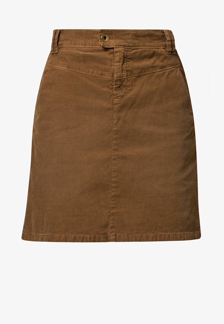 Jupe marron en velours côtelé coupe trapèze avec fermeture devant par boutons et fermeture éclair, avec passants pour ceinture et détails de couture avant.