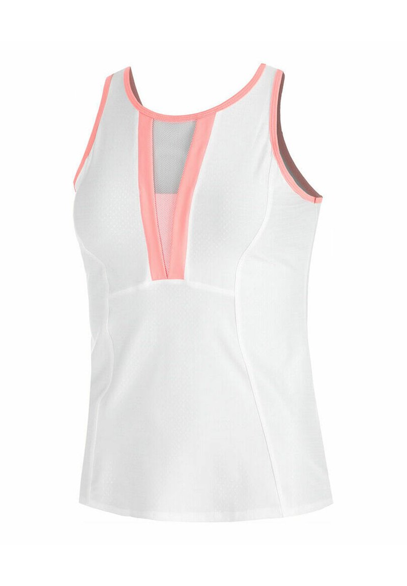 White athletic tank top with pink accents, featuring a mesh panel and a V-shaped neckline, designed for breathability and comfort.