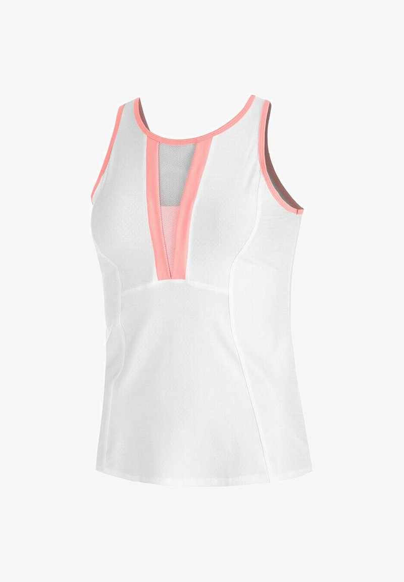 Weißes Sporttanktop mit pinken Akzenten, ausgestattet mit einem Mesh-Einsatz und einem V-förmigen Ausschnitt, entworfen für Atmungsaktivität und Komfort.