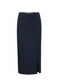 Navy blue pencil skirt made of smooth fabric, featuring a side slit and simple design for a sleek silhouette. No visible hardware or patterns.