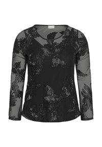 Haut noir transparent à manches longues avec motifs floraux brodés et encolure dégagée.