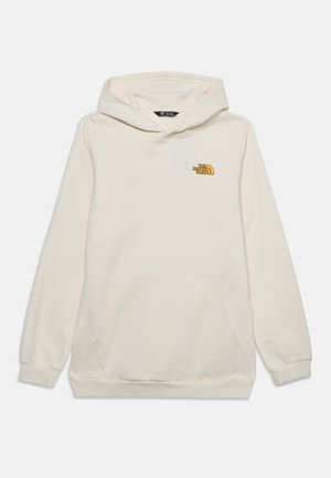 Sweat à capuche blanc cassé avec poche avant et petit logo The North Face jaune et orange sur la poitrine gauche.