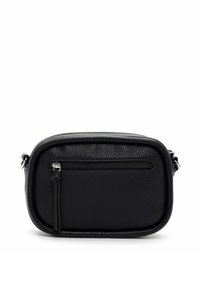 Borsa a tracolla nera in pelle con finitura testurizzata, forma ovale, tasca frontale con zip e dettagli in metallo argentato. Include una tracolla regolabile.